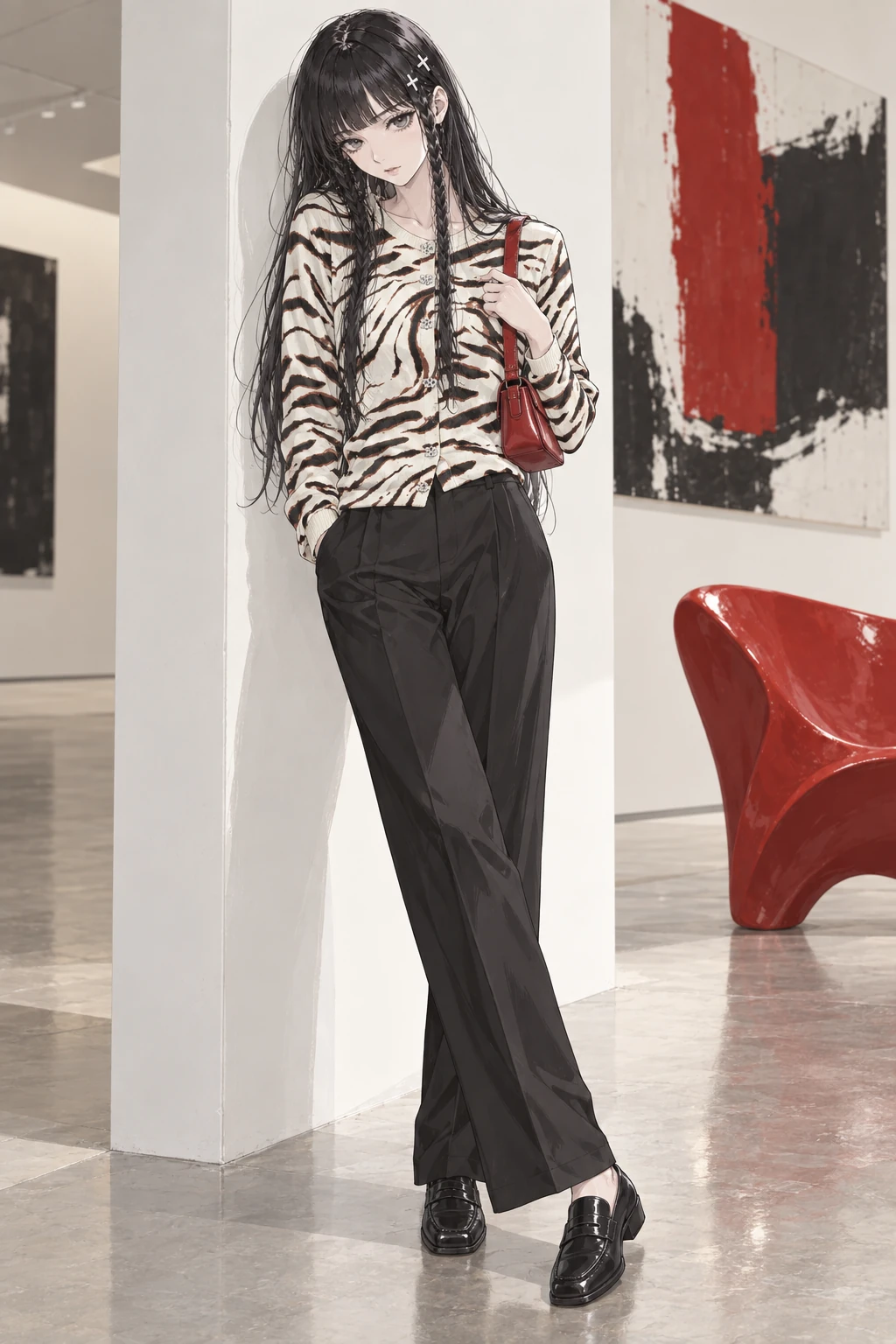 Full-length 2D Ruri leaning against an ivory gallery wall, in a zebra cardigan, black trousers and loafers, with a red bag