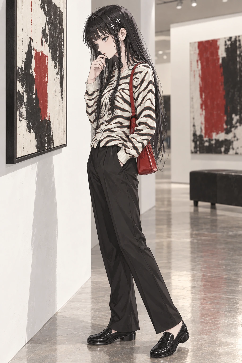 Full-length side view of 2D Ruri looking at an abstract painting in a gallery