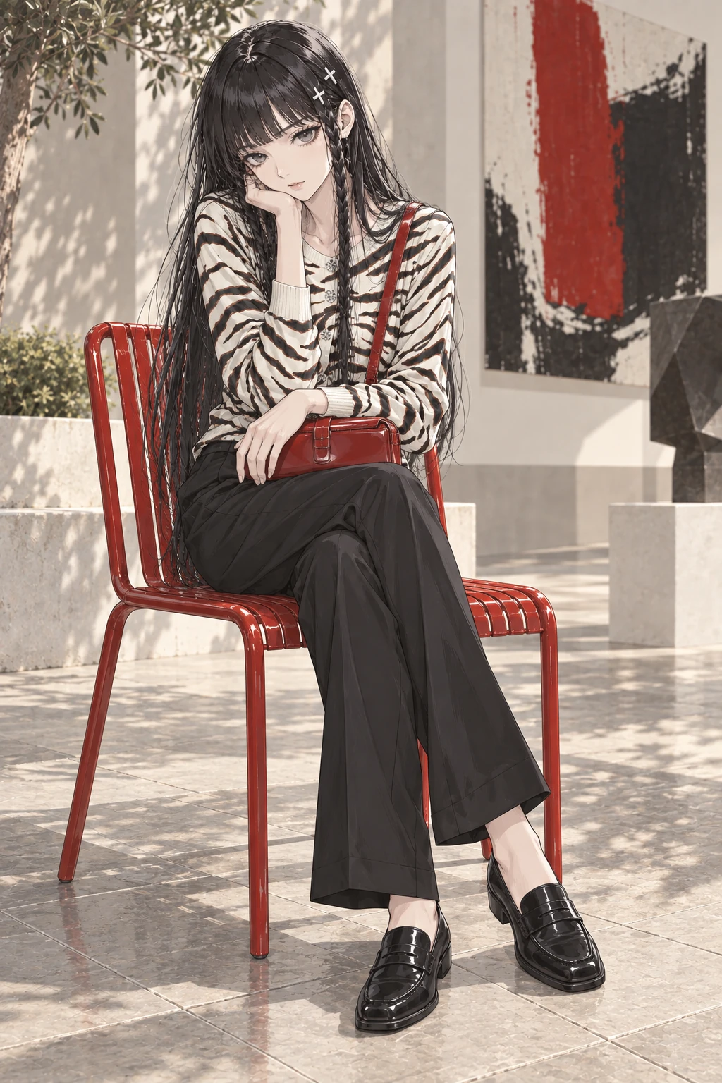 Full-length 2D Ruri seated on a red chair, resting her cheek on a hand, with a red bag on her lap