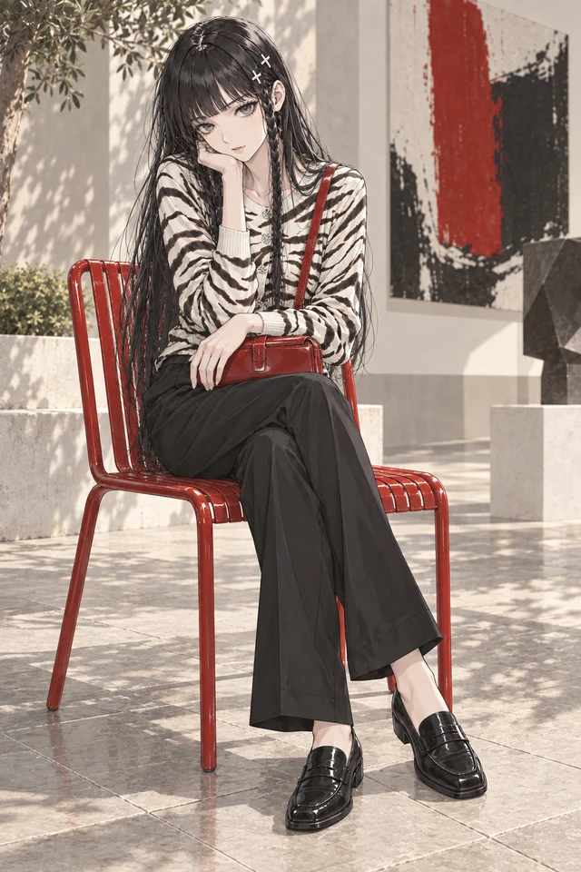 Full-length 2D Ruri seated on a red chair, resting her cheek on a hand, with a red bag on her lap