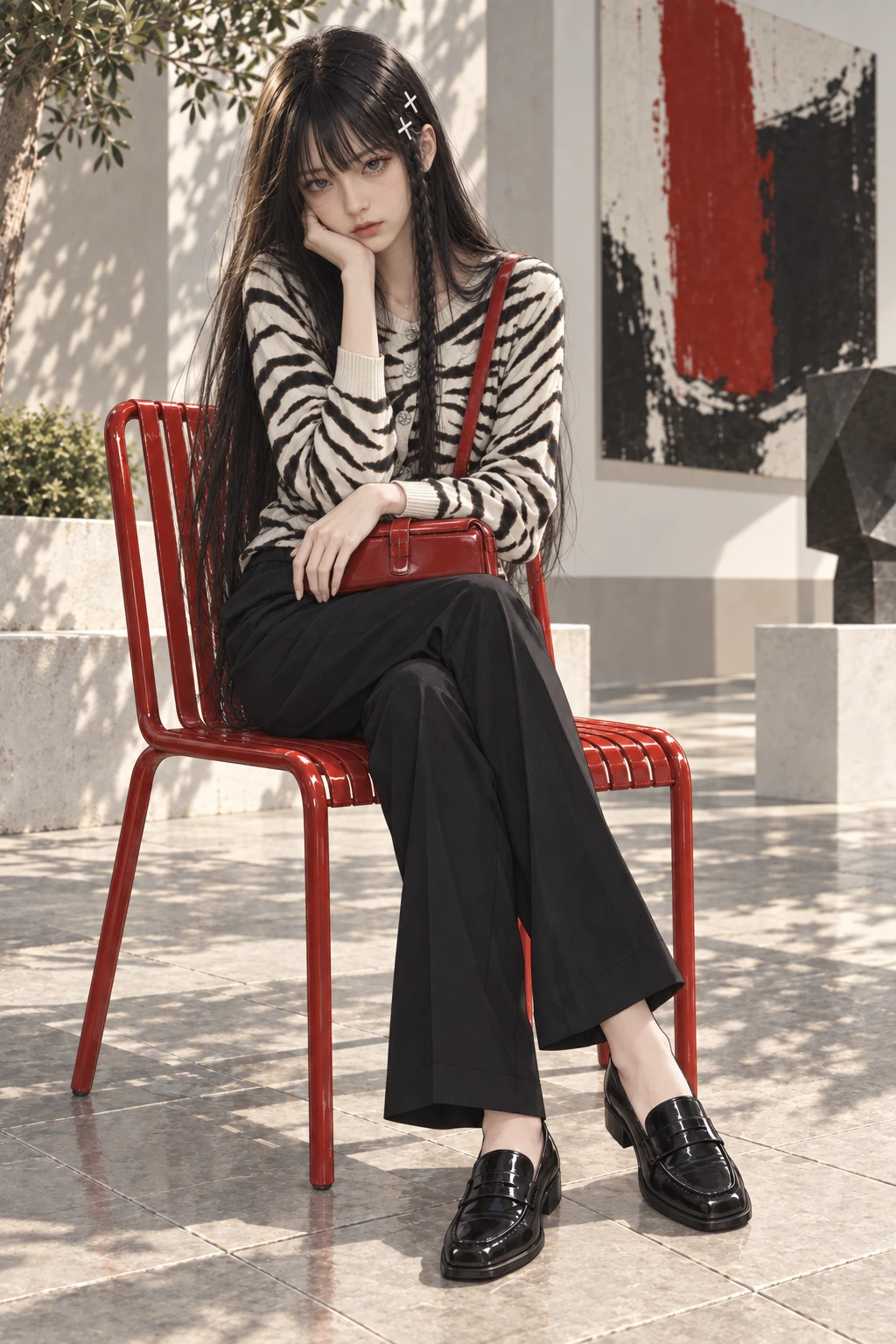 Photoreal Ruri in the same outfit and seated red-chair composition