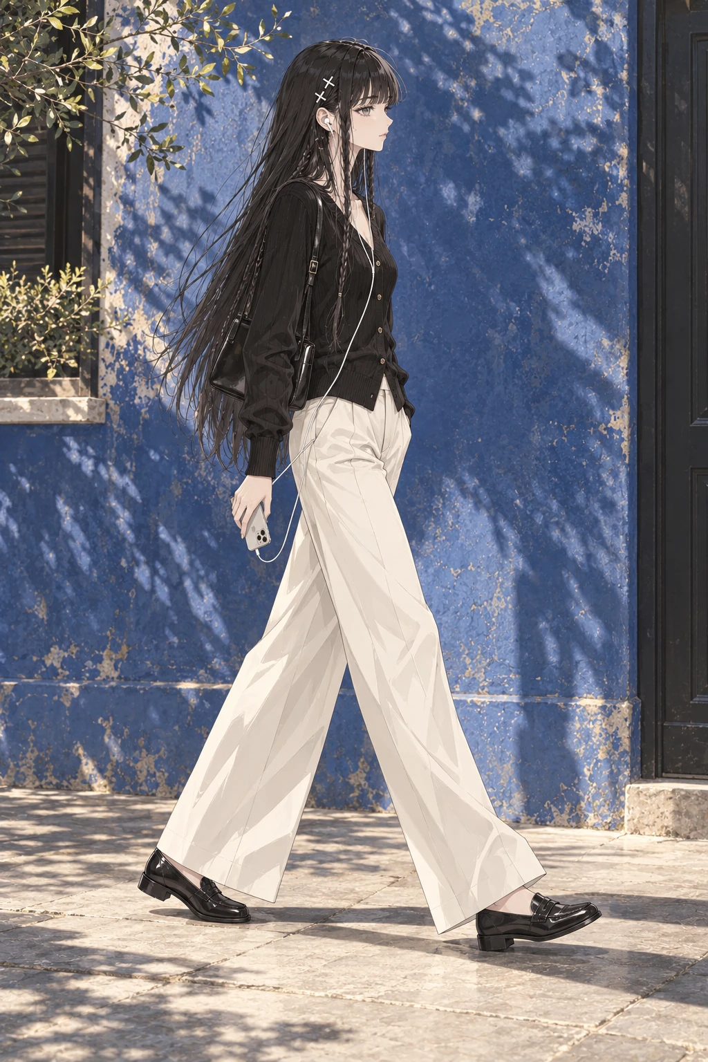 Full-length side view of 2D Ruri walking by a blue wall in a black cardigan, ivory trousers, and white wired earphones