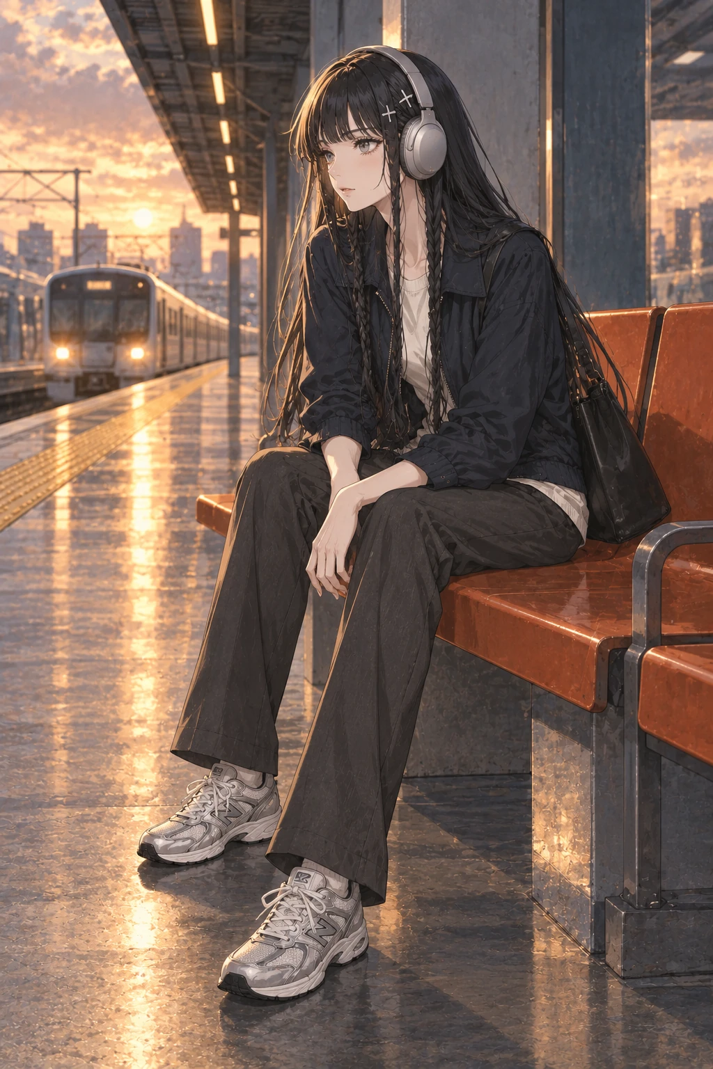 Full-length 2D Ruri seated on an orange platform bench wearing silver headphones