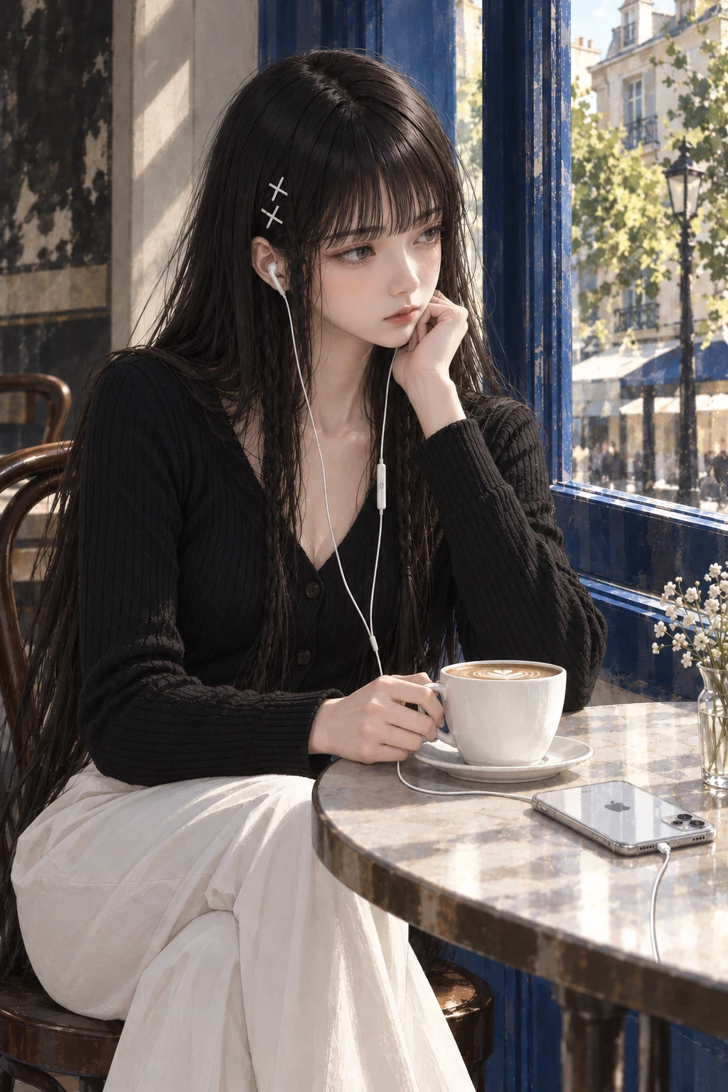 Photoreal Ruri at a café table by a blue window, resting her cheek on a hand with white earphones