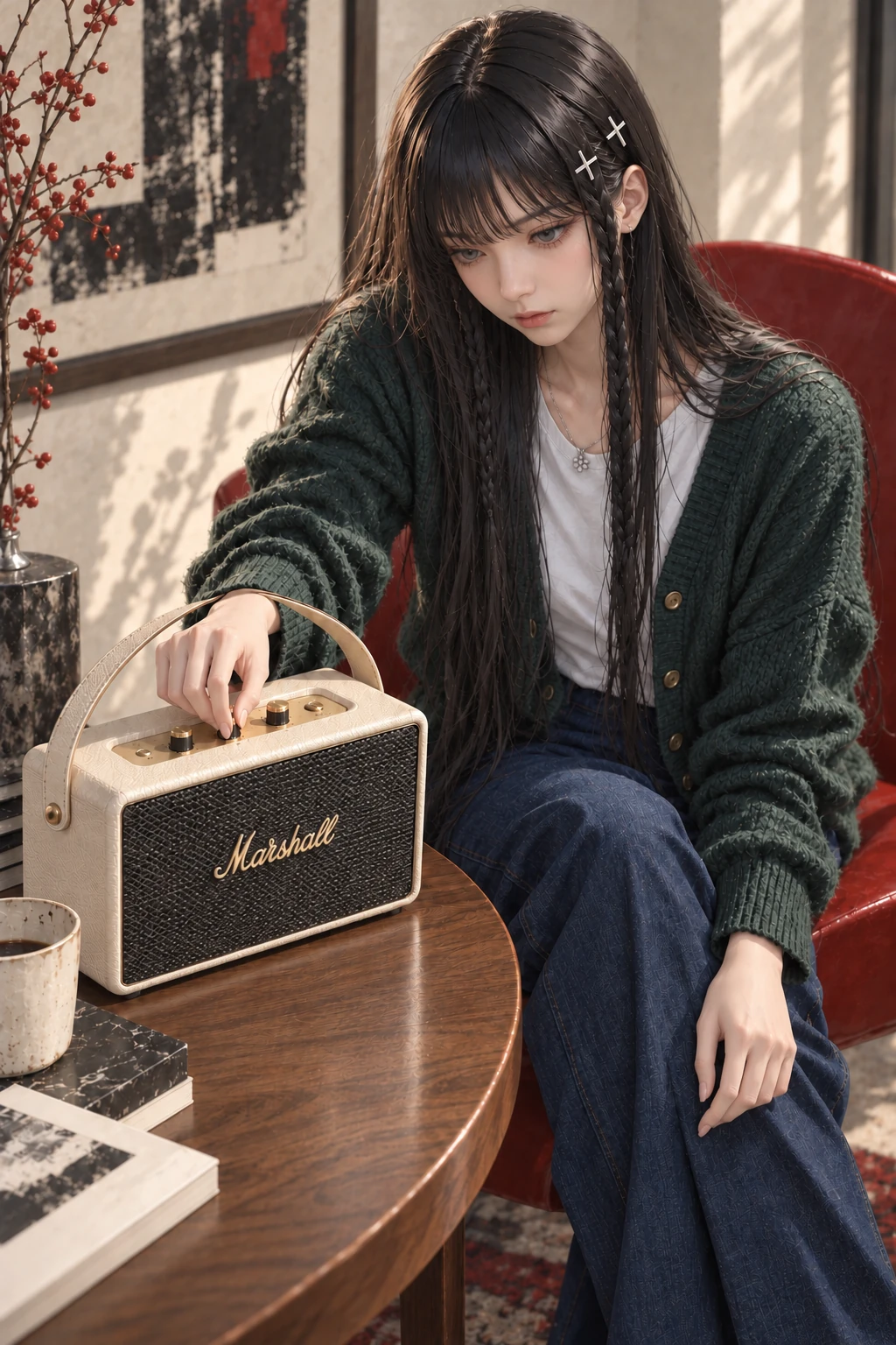 Photoreal Ruri in a green knit touching the dial of a cream speaker