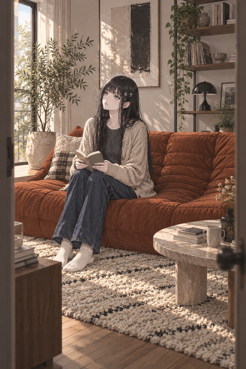 2D Ruri holding a book on an orange quilted sofa in a sunlit room