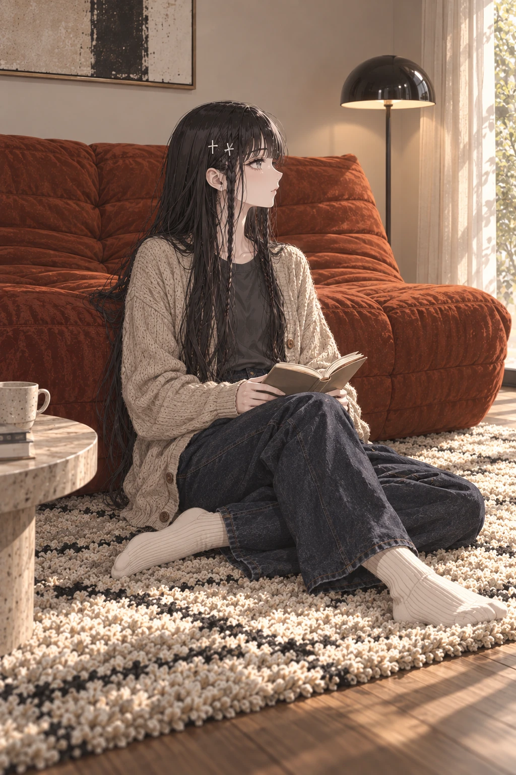 Right-profile 2D Ruri seated on a rug in front of a sofa, holding an open book